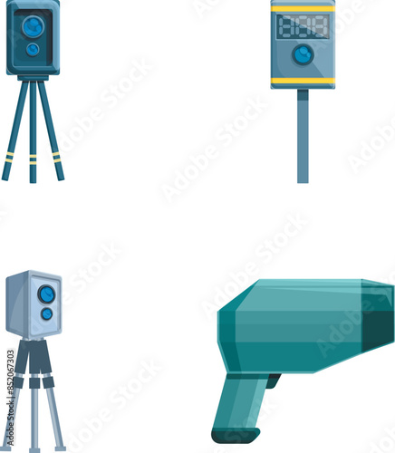 Road radar icons set cartoon vector. Modern digital speed radar equipment. Limit speed tool