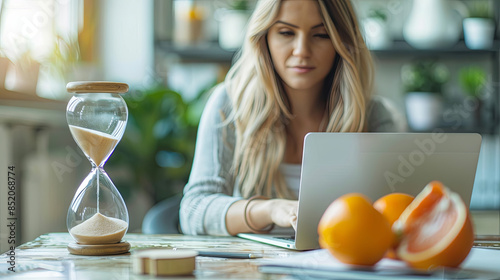 The concept of deadline is symbolized by the hourglass in the background of an employee's workspace, illustrating the constant pressure to complete tasks within a specified time frame photo