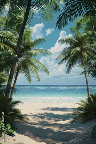  palm trees ocean sand travel vacation Generative AI © Roman