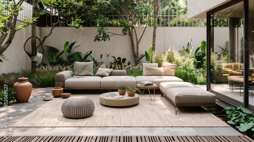 Garden lounge, rural home patio decoration, minimalist design © Nicat