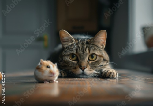 A cat and a hamster on the table next to each other. AI. © Natalia