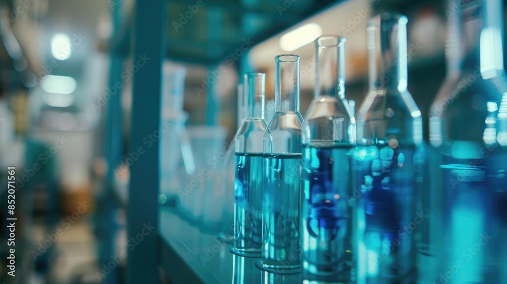 Chemical solution in test tubes at research lab with space for copying