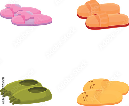 Indoor footwear icons set cartoon vector. Soft comfortable shoe for home. Foot accessory