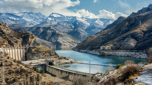 A mountainous region with snow-capped peaks, featuring a pumped storage hydroelectric power plant using surplus electricity to pump water uphill for later use in generating. Renewable energy sources photo
