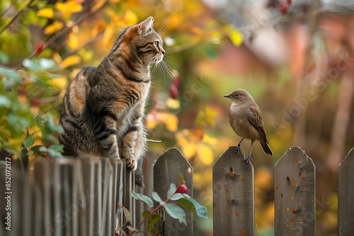 funny striped hunter cat sits on a fence and watches a sitting bird photo
