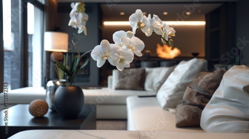 Contemporary living room with white flower in vase