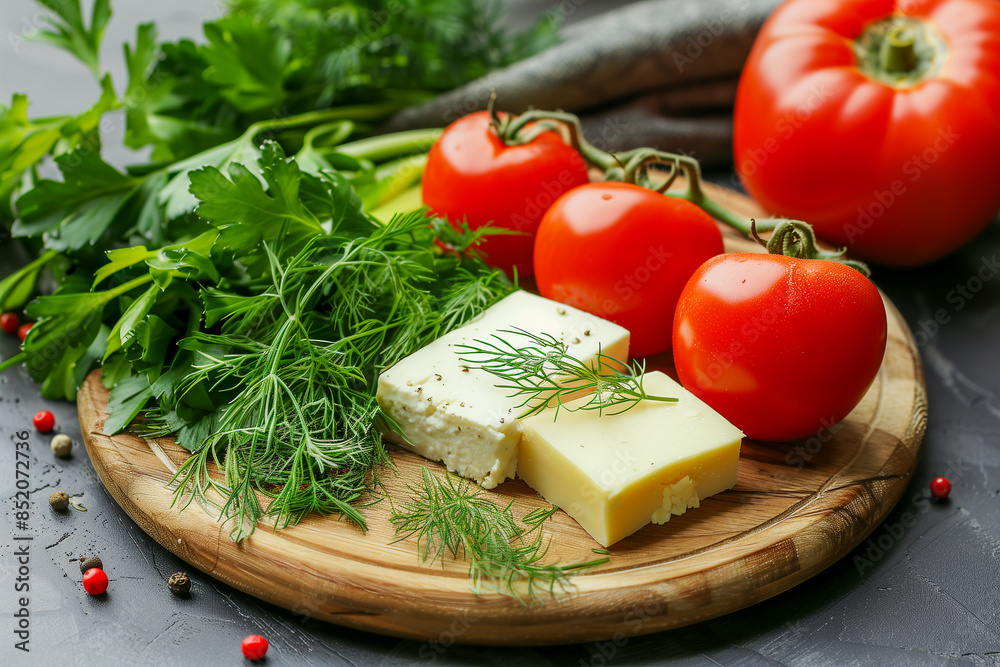 Ingredients for salad with cherry tomatoes, cheese, dill and parsley Ingredients for salad with cherry tomatoes, cheese, dill and parsley