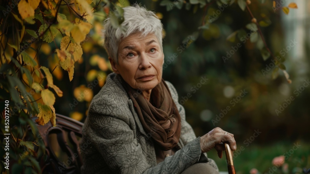 An elderly woman sitting on a bench holding an umbrella. AI. An elderly woman sitting on a bench holding an umbrella. AI.