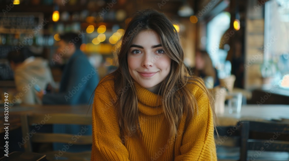 A woman in a yellow sweater sitting at the table with other people. AI.
