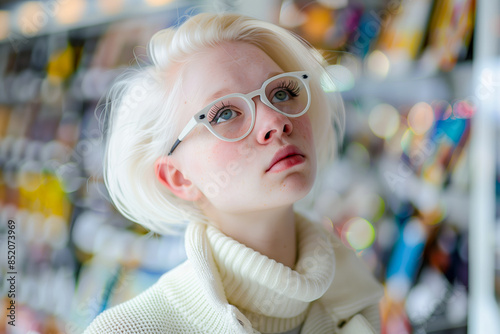 Albino girl works as a consultant in a store