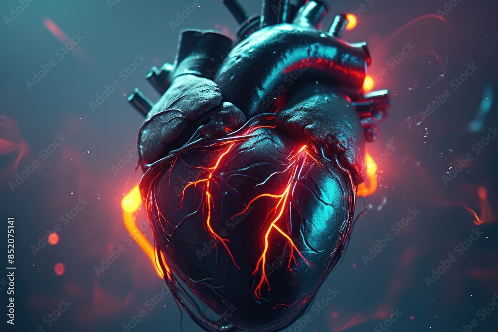A 3D rendering of a human heart with blue and red veins and arteries with a glowing effect on a dark blue background A 3D rendering of a human heart with blue and red veins and arteries with a glowing effect on a dark blue background