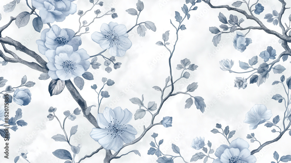 Graceful chinoiserie pattern with sprawling floral vines, soft blue and white hues, vintage botanical illustrations, subtle antiqued look Graceful chinoiserie pattern with sprawling floral vines, soft blue and white hues, vintage botanical illustrations, subtle antiqued look