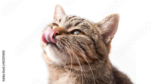 Cat licking its lips post meal against a white backdrop photo