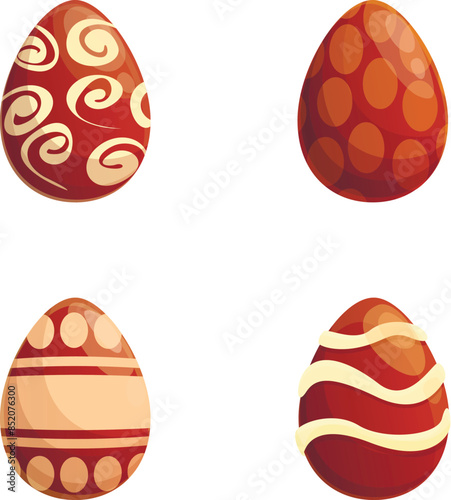 Chocolate egg icons set cartoon vector. Various decorated chocolate egg. Easter sweet