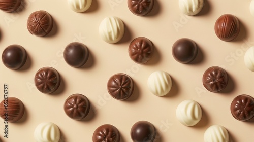 Create an array of white milk and dark chocolate candies arranged beautifully on a beige background in a stunning close up shot