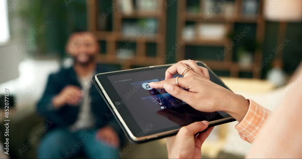 Iot, smart home and hands on tablet app to play music with couple of people in living room. Digital technology, screen or control internet of things for sound, software and audio automation closeup