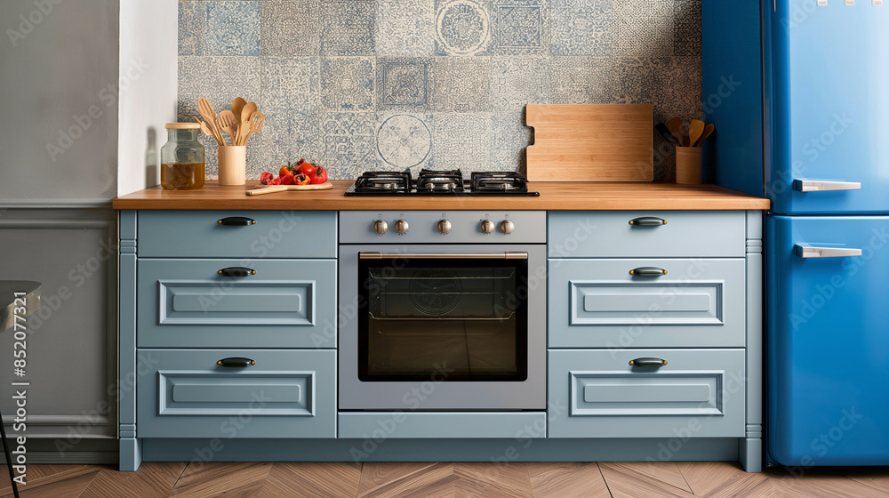 Classic kitchen interior with integrated appliances, a built-in electric oven, a wooden countertop, and a blue fridge beside the drawers Classic kitchen interior with integrated appliances, a built-in electric oven, a wooden countertop, and a blue fridge beside the drawers