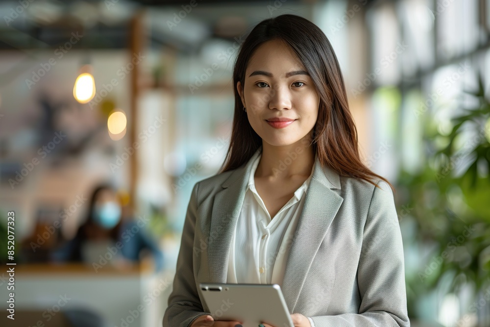 Fototapeta premium A woman wearing a gray jacket and white shirt is holding a tablet
