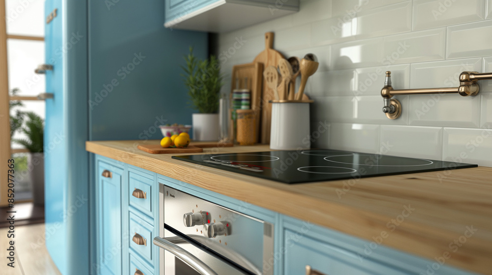 Classic kitchen interior with integrated appliances, a built-in electric oven, a wooden countertop, and a blue fridge beside the drawers Classic kitchen interior with integrated appliances, a built-in electric oven, a wooden countertop, and a blue fridge beside the drawers