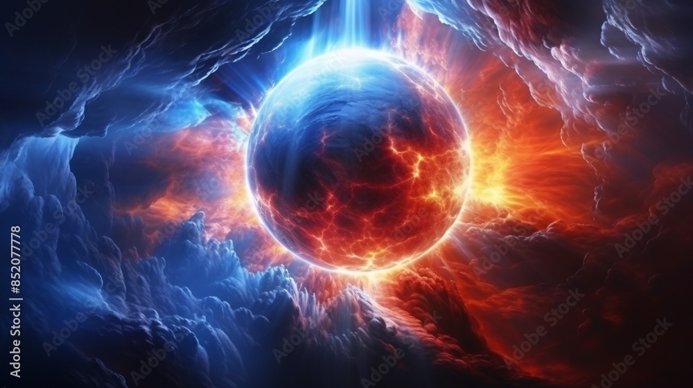 Obraz premium Abstract space wallpaper features an interstellar catastrophe. A awesome galaxy unfolds in the cosmic astronomy background.