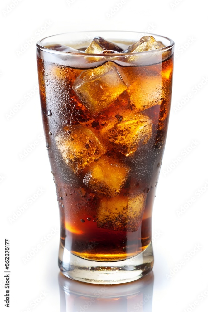 A glass of iced soda with ice cubes is showcased against a plain white background A glass of iced soda with ice cubes is showcased against a plain white background