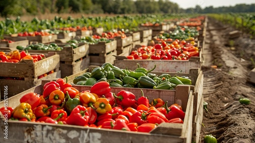 Fresh harvested sweet paprika peppers in boxes in the field made with AI generative technology