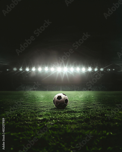 a soccer ball on green field with blur stadium at background