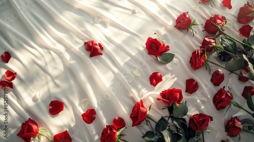 A romantic scene unfolds on a white bed adorned with red roses and petals setting the stage for a surprise Valentine s Day celebration from a top down perspective with ample space for a lov © AkuAku