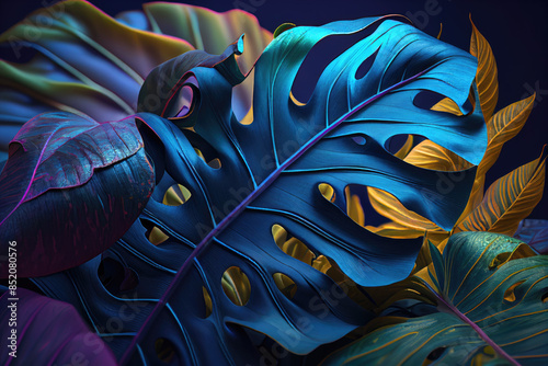 Tropical palm leaves. Neon lights. Generative AI