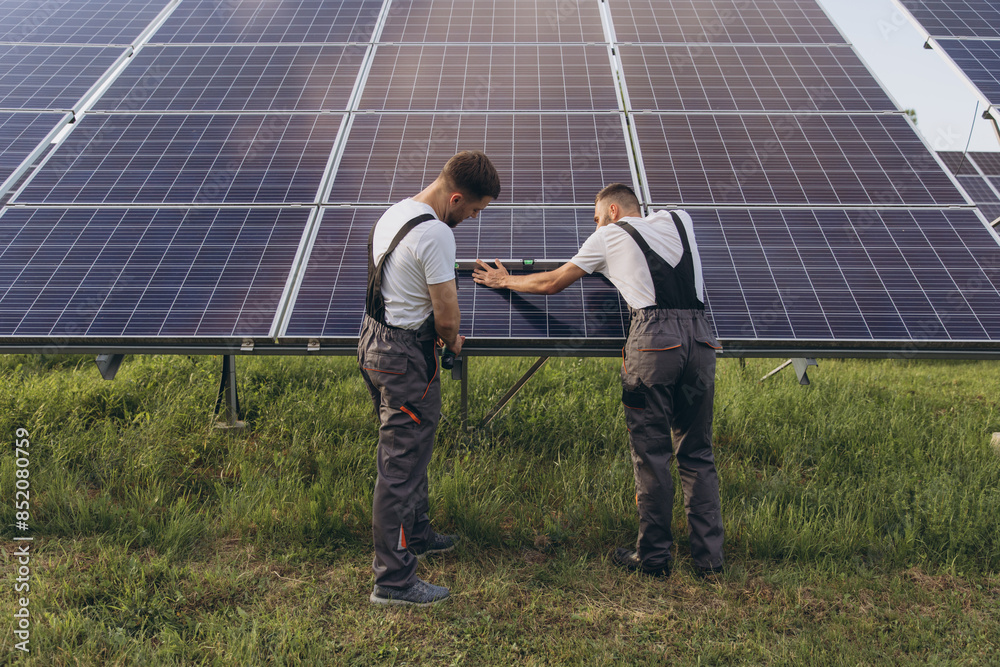 Two skilled workers or craftsmen wearing working gray uniforms, technicians are installing solar panels on a solar farm for clean energy and electricity supply Two skilled workers or craftsmen wearing working gray uniforms, technicians are installing solar panels on a solar farm for clean energy and electricity supply