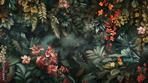 Luxurious green chinoiserie design with detailed forest plants and blooming flowers, vintage-inspired, intricate and elegant floral patterns