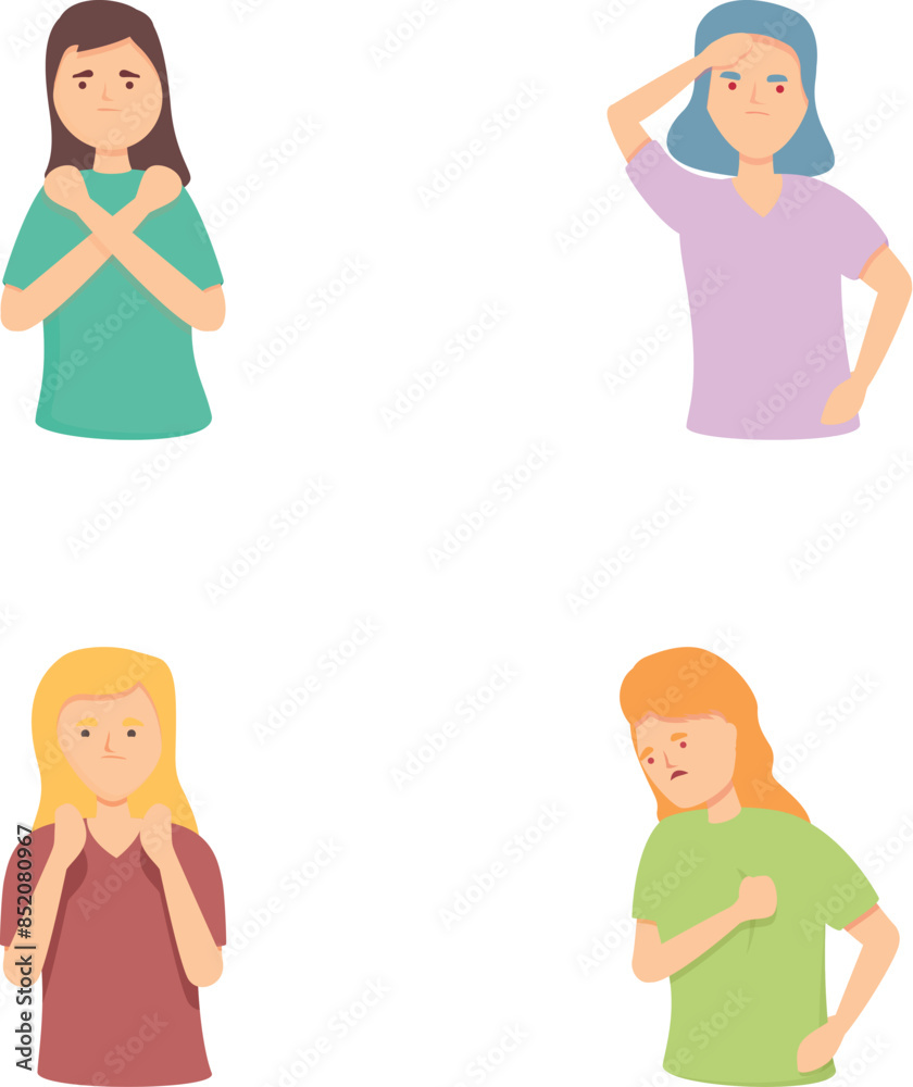 Premenstrual syndrome icons set cartoon vector. Girl expresses negative emotion. Mood swing, cartoon person Premenstrual syndrome icons set cartoon vector. Girl expresses negative emotion. Mood swing, cartoon person