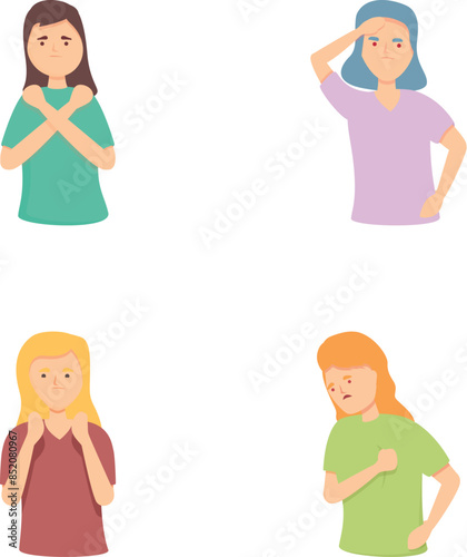 Premenstrual syndrome icons set cartoon vector. Girl expresses negative emotion. Mood swing, cartoon person