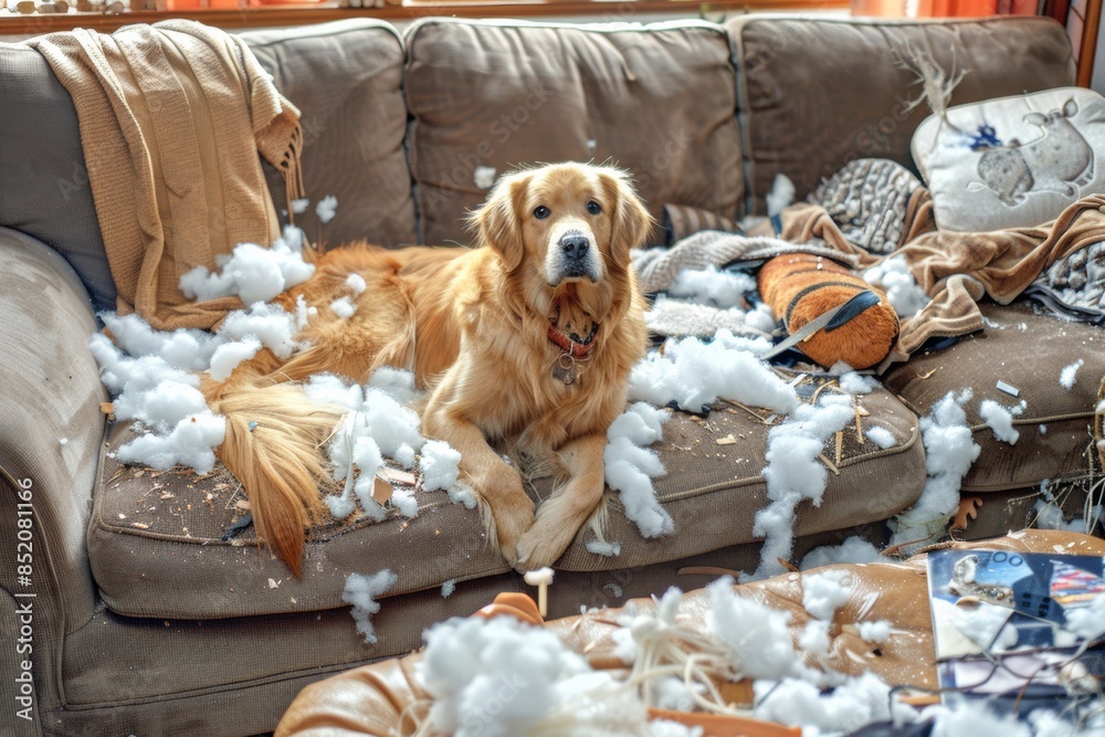 Φωτογραφία golden retriever dog looking guilty after making a mess and destroying house and