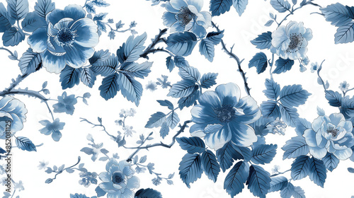 Classic chinoiserie motif featuring ornate floral patterns, blue and white porcelain effect, vintage stylings, finely detailed blossoms and leaves photo