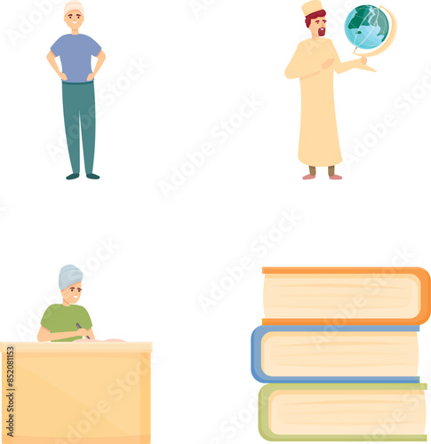 Muslim education icons set cartoon vector. Arabic pupil in national cloth. Education concept