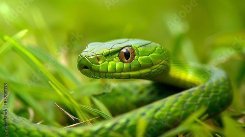 Closeup of green snake in grass