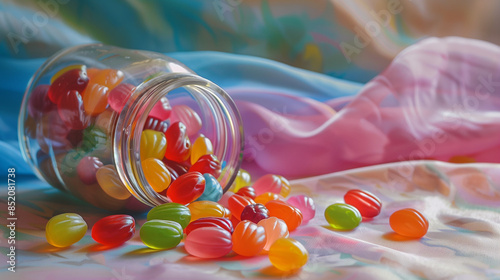 Colorful jelly beans spilling from glass jar