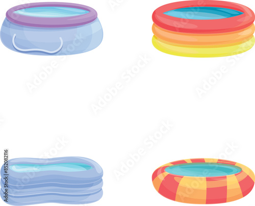 Swimming pool icons set cartoon vector. Inflatable pool of various shape. Summer vacation