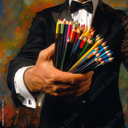 Showcasing Colour Pencils - Being Held By a Man in Formal Attire - Art, Insipiration, Color, Talent, Imagination, Freedom, Creativity photo