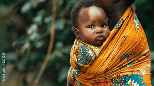 Portrait of an African baby with his mother in a colorful kanga wrap photo