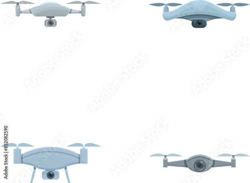 Drone icons set cartoon vector. Radio remote controlled flying drone. Aerial videography