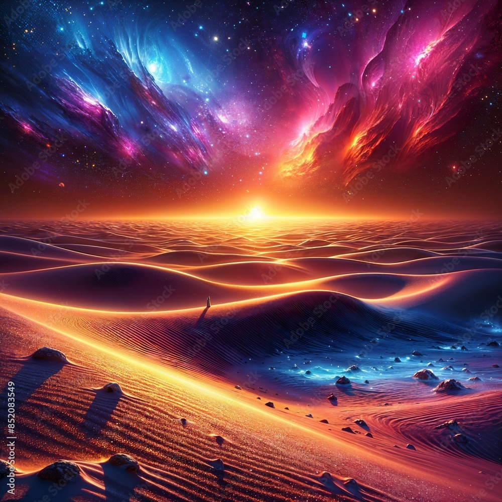 Φωτογραφία A solitary figure stands amidst undulating sand dunes under a spectacular cosmic sky ablaze with swirling colors and stars  (Generative A