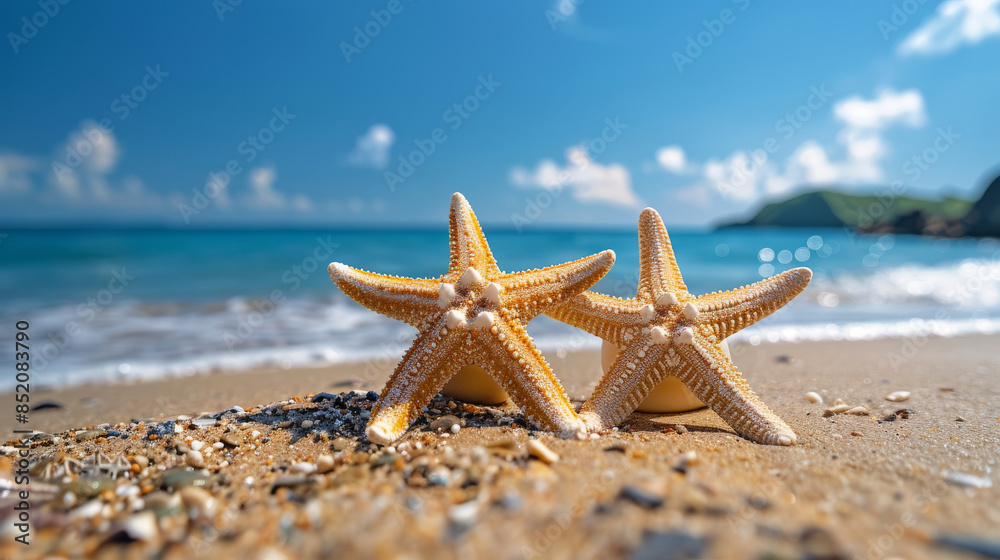 Two Starfish on Beach With Ocean Background Two Starfish on Beach With Ocean Background