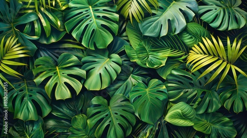 Wallpaper Mural Lush Tropical Leaf Collage. A dense, lush collage of tropical leaves in various shades of green, creating a vibrant and natural tapestry Torontodigital.ca