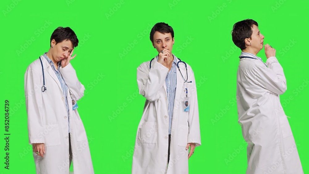 Tired general practitioner yawning and feeling overworked after night shift at hospital, exhaustion and work pressure. Medic being tired and experiencing burnout against greenscreen. Camera B. Tired general practitioner yawning and feeling overworked after night shift at hospital, exhaustion and work pressure. Medic being tired and experiencing burnout against greenscreen. Camera B.