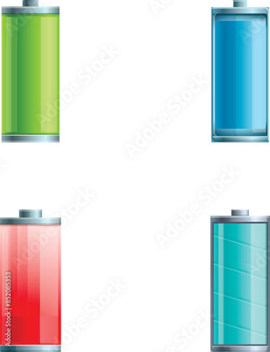 Various battery icons set cartoon vector. Battery with different level of charge. Electric power accumulator
