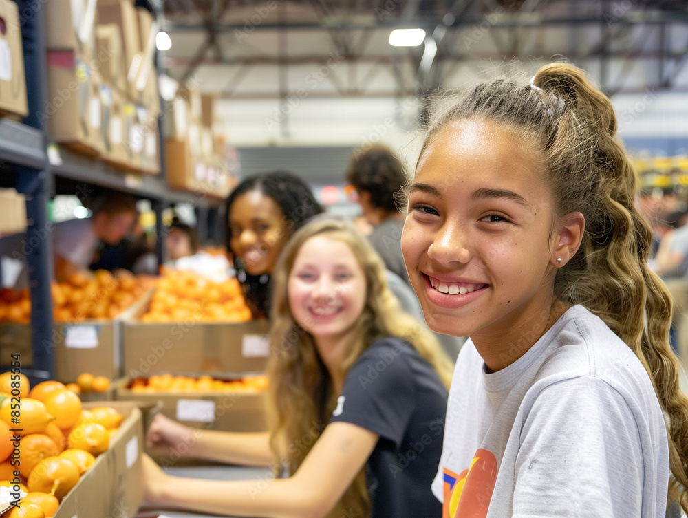 Obraz premium Smiling Girl Students Volunteering at Food Bank on a Fun Class Trip with Friends