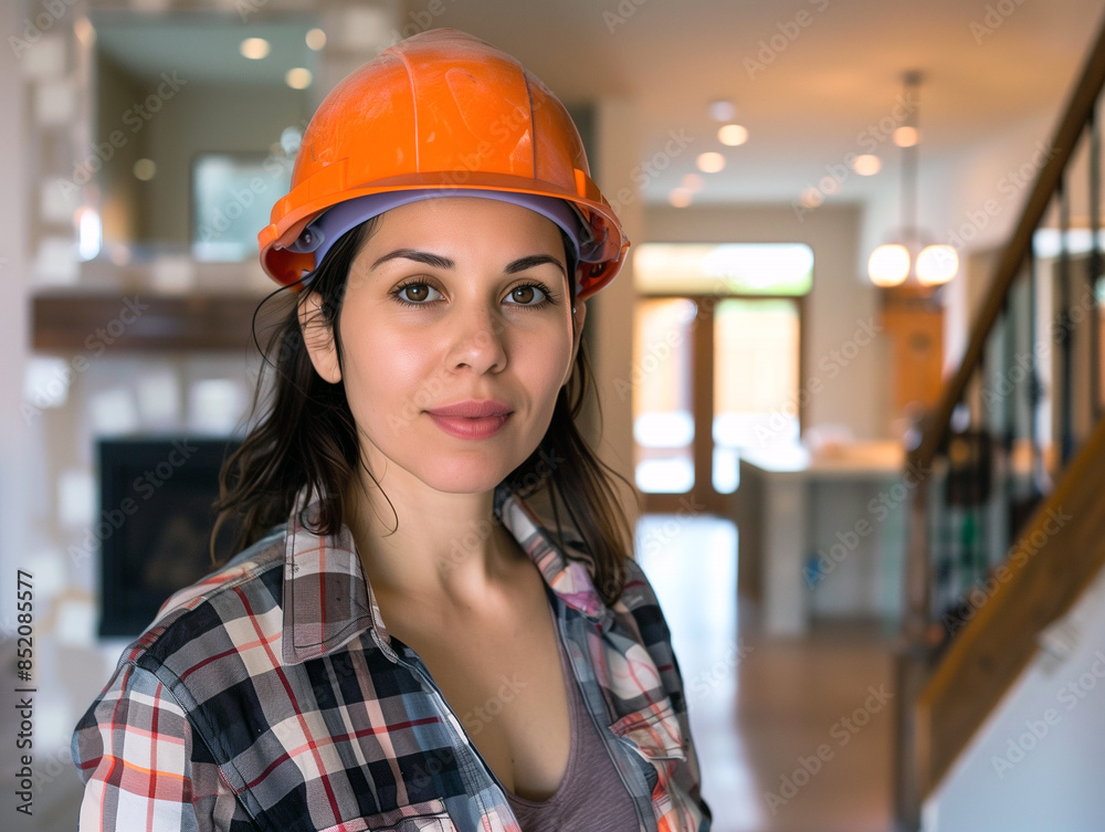 Brunette Spanish Female Construction Manager with Long Hair in Plaid Shirt and Orange Helmet