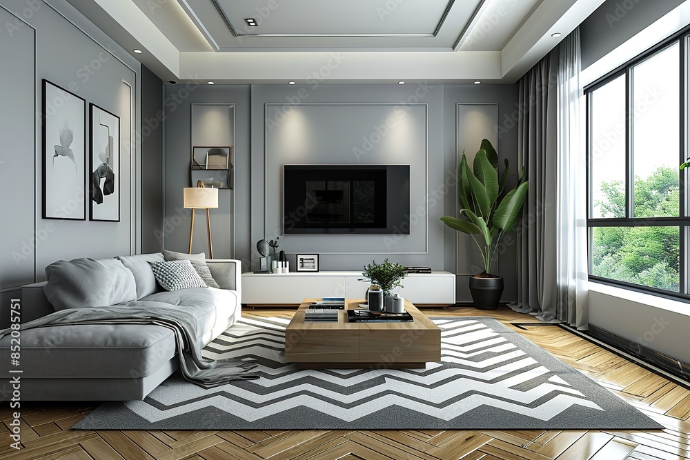 custom made wallpaper toronto digitalMonochrome living room with wood and grey tiling accents and chevron pattern rug